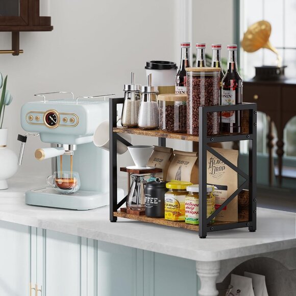 New 2-Tier Kitchen Counter Shelf Organizer, Coffee Bar Station Spice Rack, Brown - Picture 3 of 11